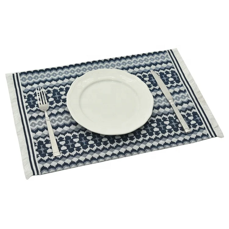

Blue & White Fabric Cotton Placemats Table Mat Easy to Clean Heat Resistant Woven Vinyl Square Placemats