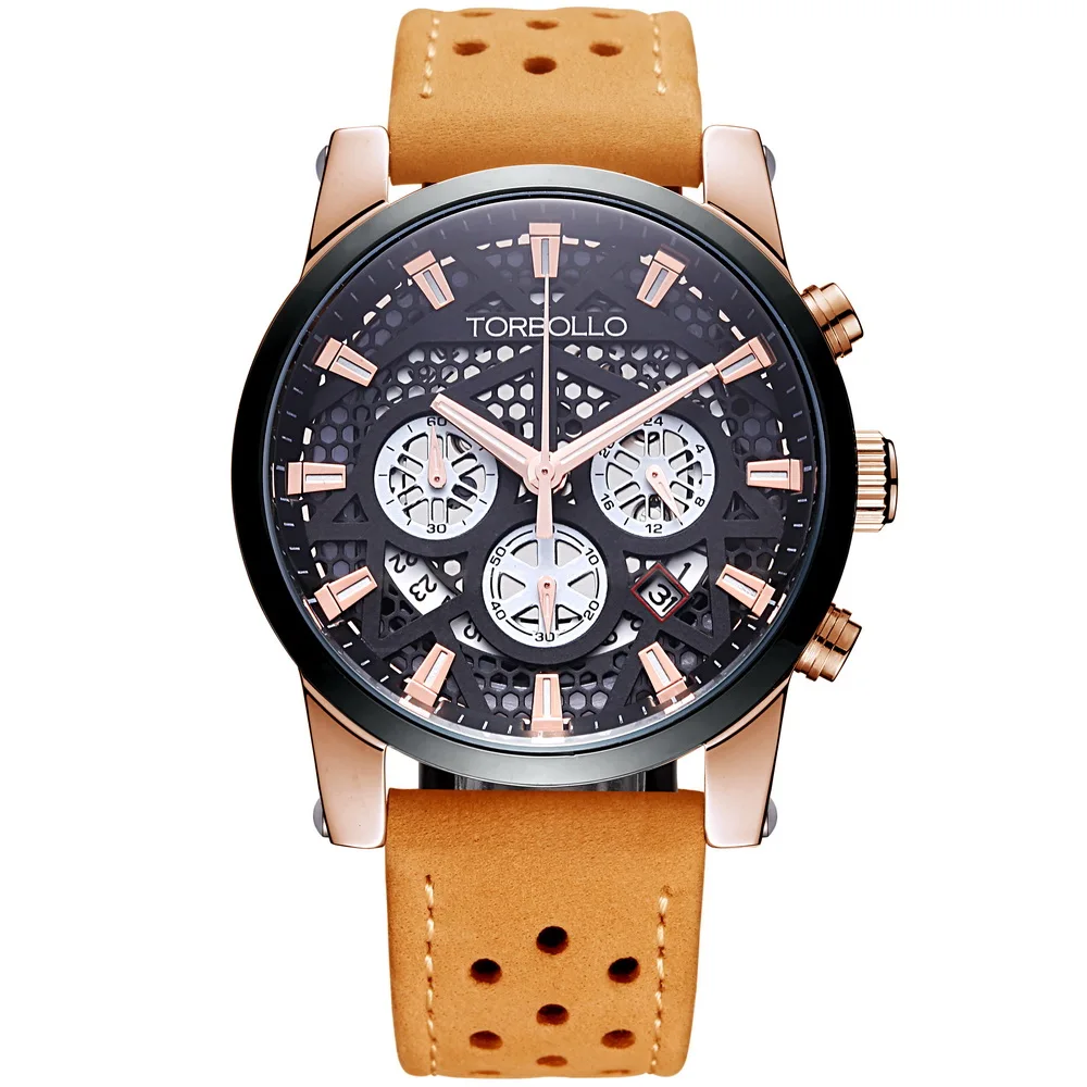 

High Quality Original Brand Genuine Leather Chronograph Men Quartz Watch Mens Wrist Clocks, White black gold