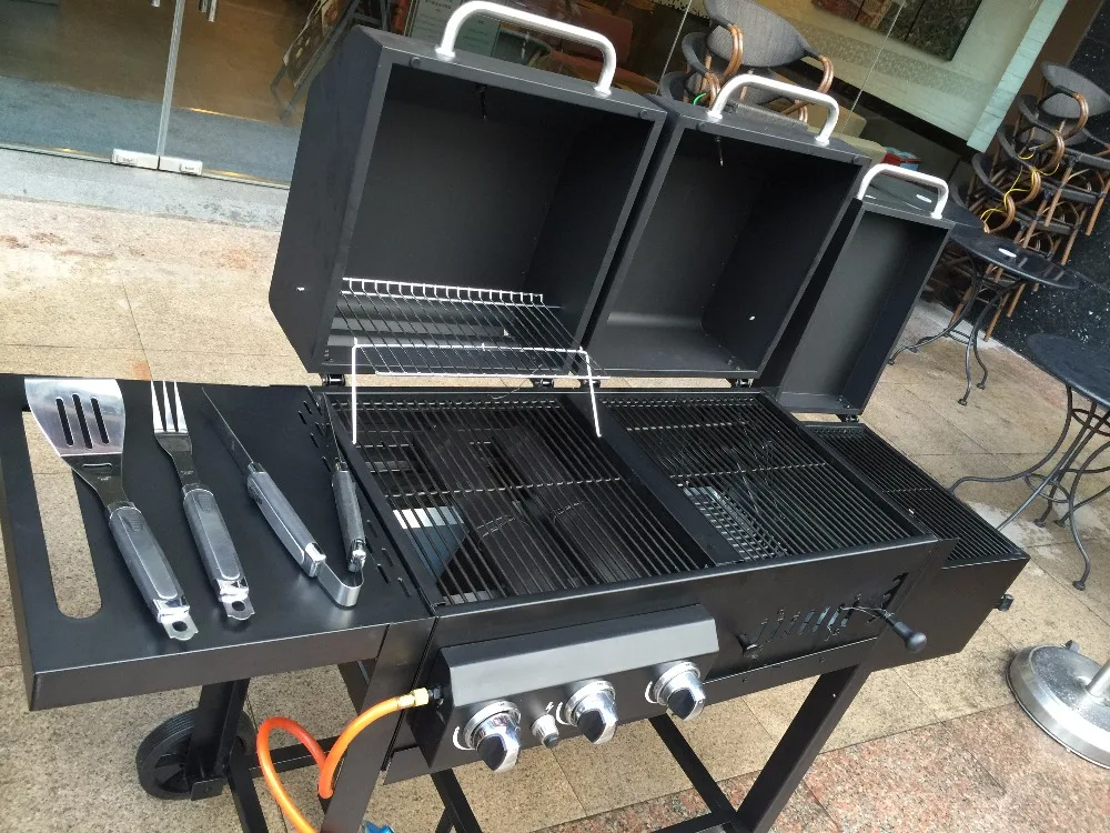 Oversize Combo Grills Met 3 Branders Gas Plus Houtskool Gas Houtskool Roker 3 in 1combo Gas houtskool Bbq Barbecue