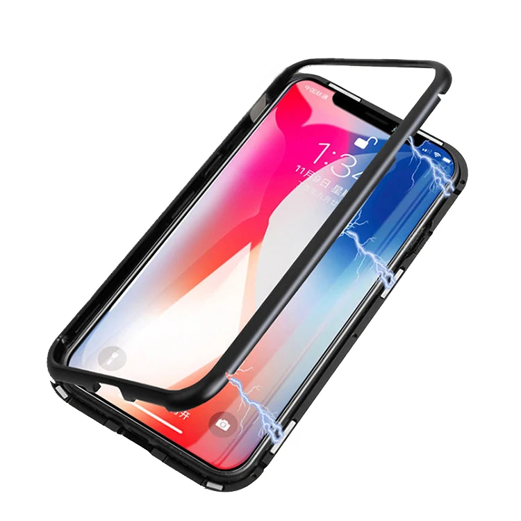 

360 full cover built-in strong magnet metal flip frame + clear tempered glass magnetic absorption case for iphone xs xs max xr, Black;white+silver;tansparent+black;transparent+red;transparent+silver