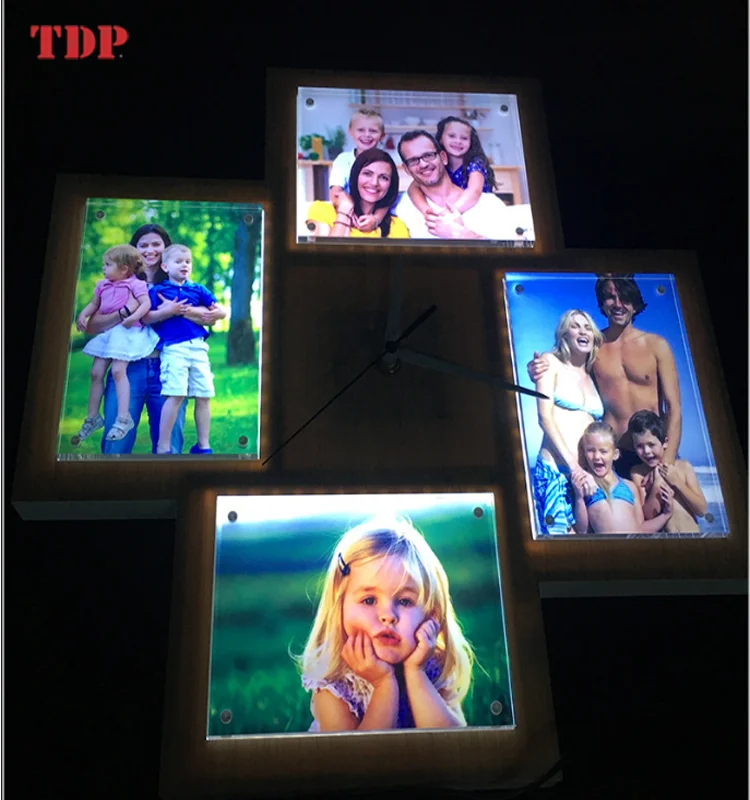 Customize Wood Surface Acrylic Led Wall Clocks With Multi Photo Frame