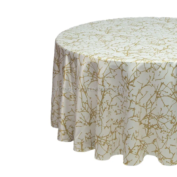 Popular gold and white branch printed satin round table cloth for wedding
