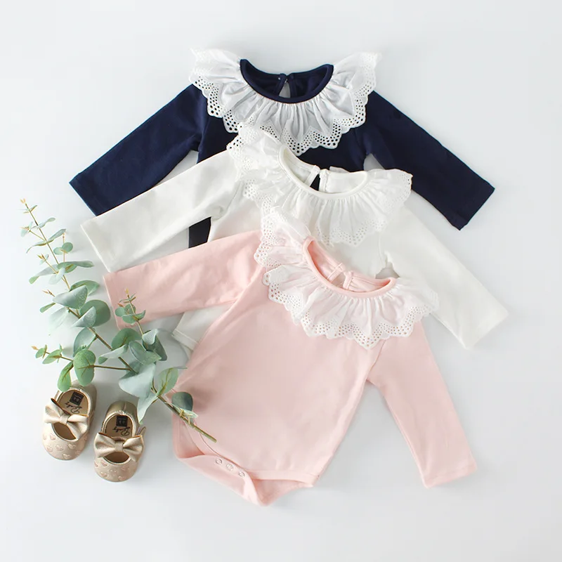 

Children Clothing Girls Long sleeve solid color Cotton Bodysuit with Ruffle Lace, Picture