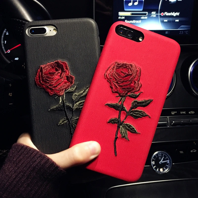 

2019 hot selling Embroidery Rose Flower Soft Coque Case for iphone 8 8 plus 7 7 6s plus silicone phone case, Black;golden;gray;red;silver;transparent;black red