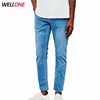Denim 95%cotton 5%spandex stretch stonewashed bleach custom slim fit light blue cut and sew taper raw hem men jeans fabric