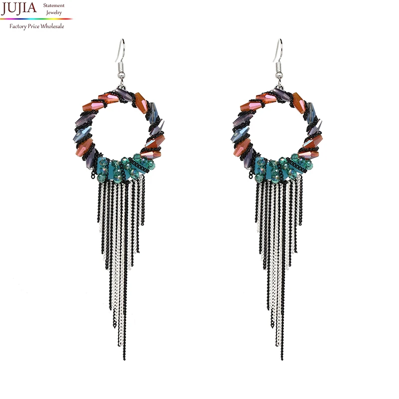 

JUJIA handmade beads tassel earring fashion jewelry statement colorful Crystal drop Earrings for women fringe earring, Picture