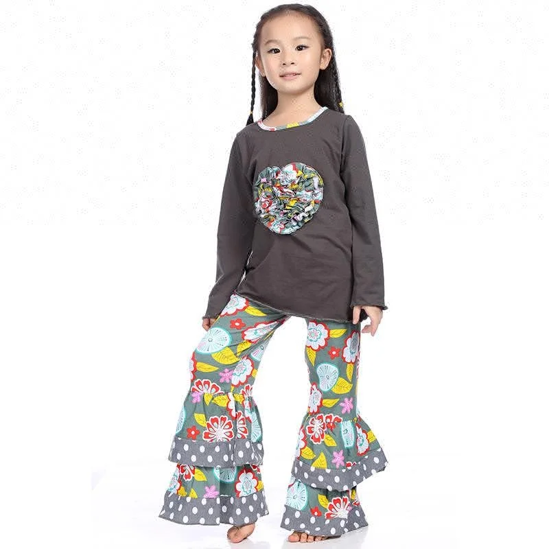 

Europe Style Wholesale Girls Long Sleeves Top With Triple Ruffle Pants Outfits Baby Clothing Children Boutique 2 pcs set, As the picutres show