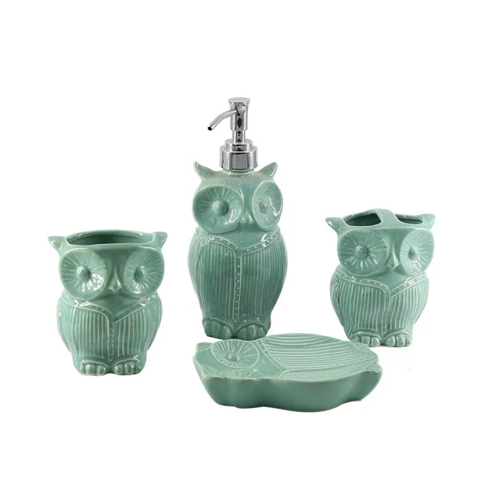 Hot Sale Morden Design Ceramic Green Owl Bathroom Accessories Set