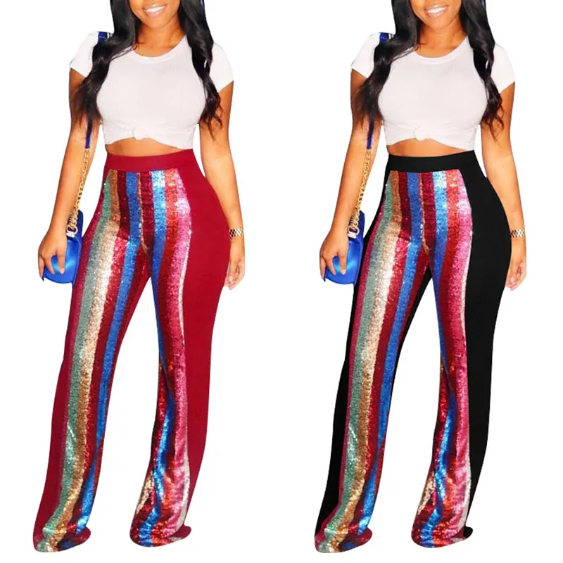 

81020-MX66 2 colors bell bottom sequin pants for women