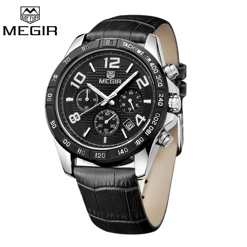 

MEGIR 2014 Men Chronograph Sports Watches Genuine Leather Casual Waterproof Wristwatch, 2 colors to choose