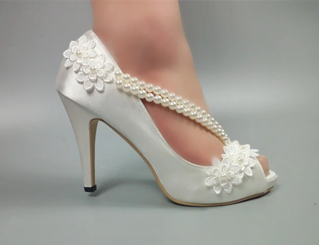 

Morili elegant white color 5cm 8cm 10cm designer peep toe women low high heel bridal wedding shoes with pearls MWSB9