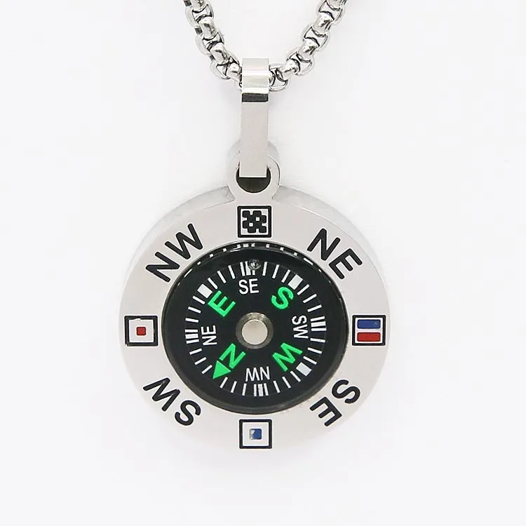 

2018 new outdoor hiking stainless steel round compass pendant
