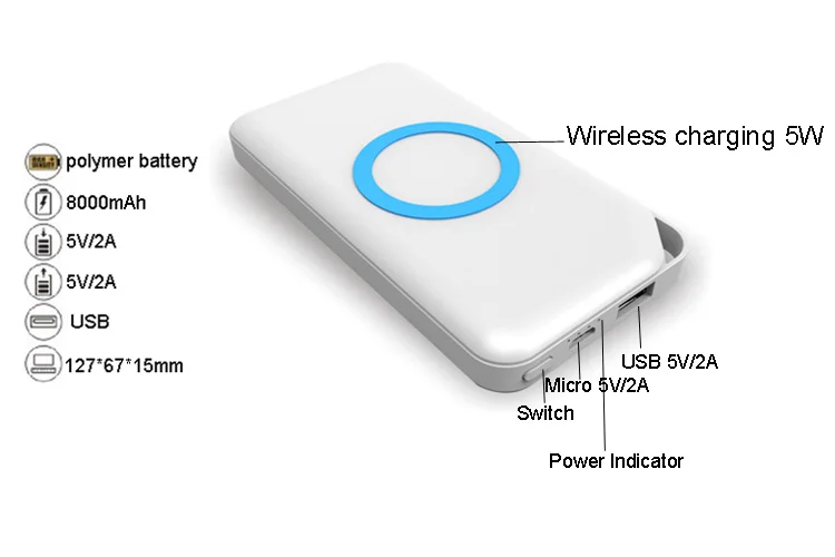 2018 New 8000mAh mobile power bank wireless battery charger