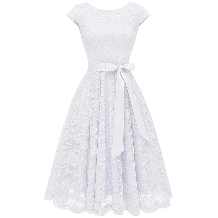 

White women smart casual vintage lace dress with short sleeve, Shown