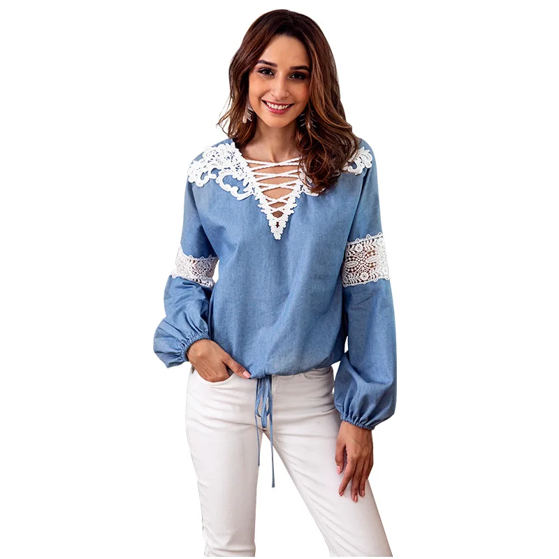 

New Women Denim Blue Casual Sexy Splice Lace Long Sleeve Shirts Tops