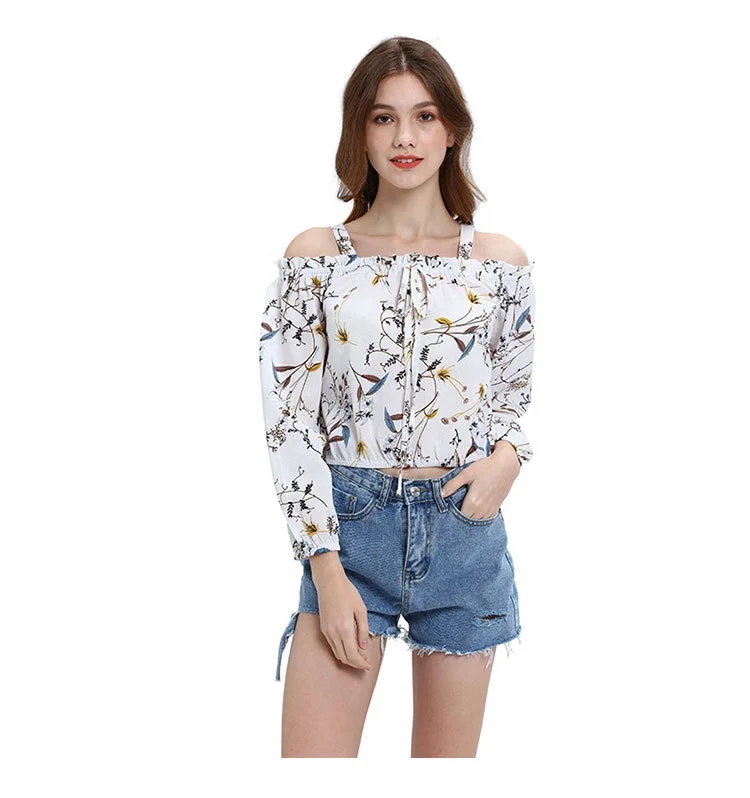 

Chiffon Floral Printed Off-the-shoulder Strappy Long Sleeve Cropped Top Tide Lantern Sleeve T-shirt, White