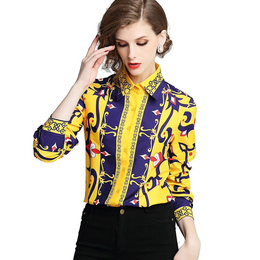 

European and American Autumn Women Fashion Brand New Turn Down Collar Button Front Bright Print Long Sleeve Casual Shirt