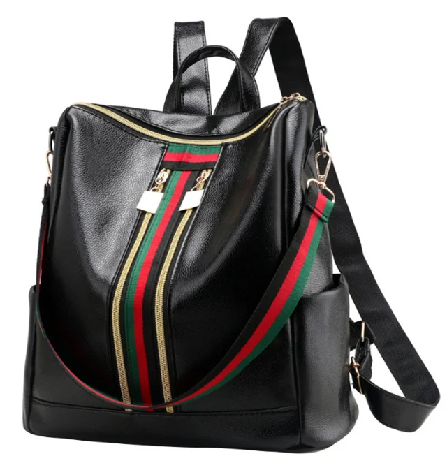 

Free Sample 2019 Korean Style Women Cute Cheap PU Leather Striped Backpack, Black or customized