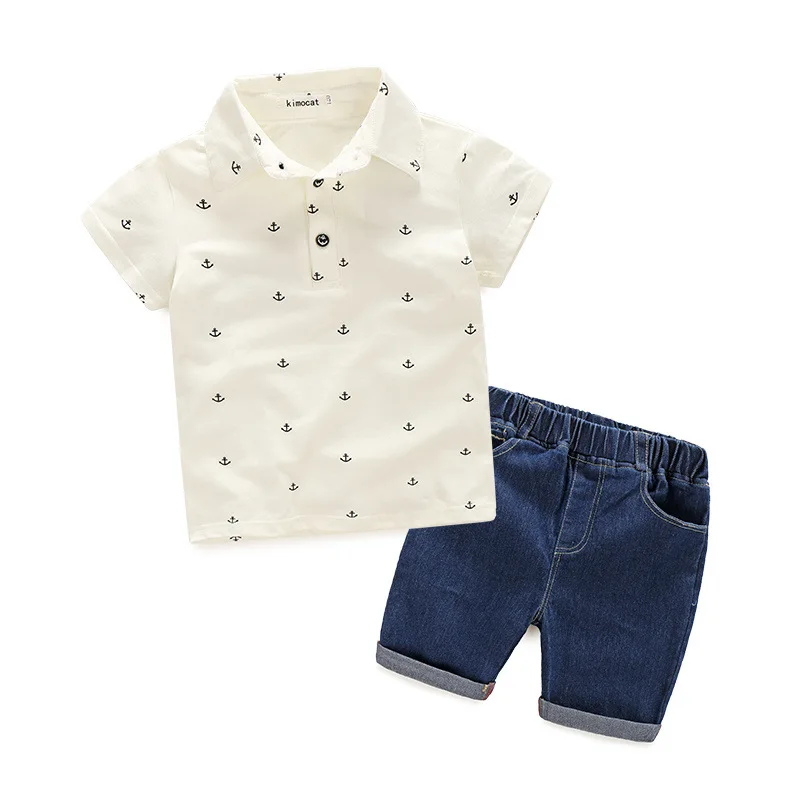 

Children clothes baby boys summer clothing sets 2018 litter boy casual polo T-shirt denim shorts suit, As pictures