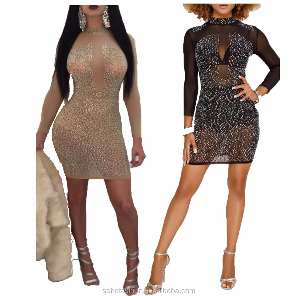 

1219-58 Low prices Casual 2color grenadine long sleeve hot fix rhinestone dress for women