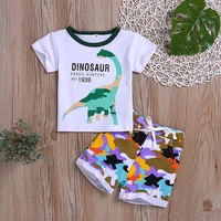 

Baby clothes boy baby 1-5 years old summer short sleeve cartoon dinosaur print T-shirt + camouflage shorts suit two-piece