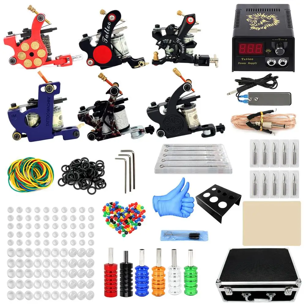 

New High Quality Tattoo Machine Kit Complete with Tattoo power supply Inks body art set 6 tattoo guns