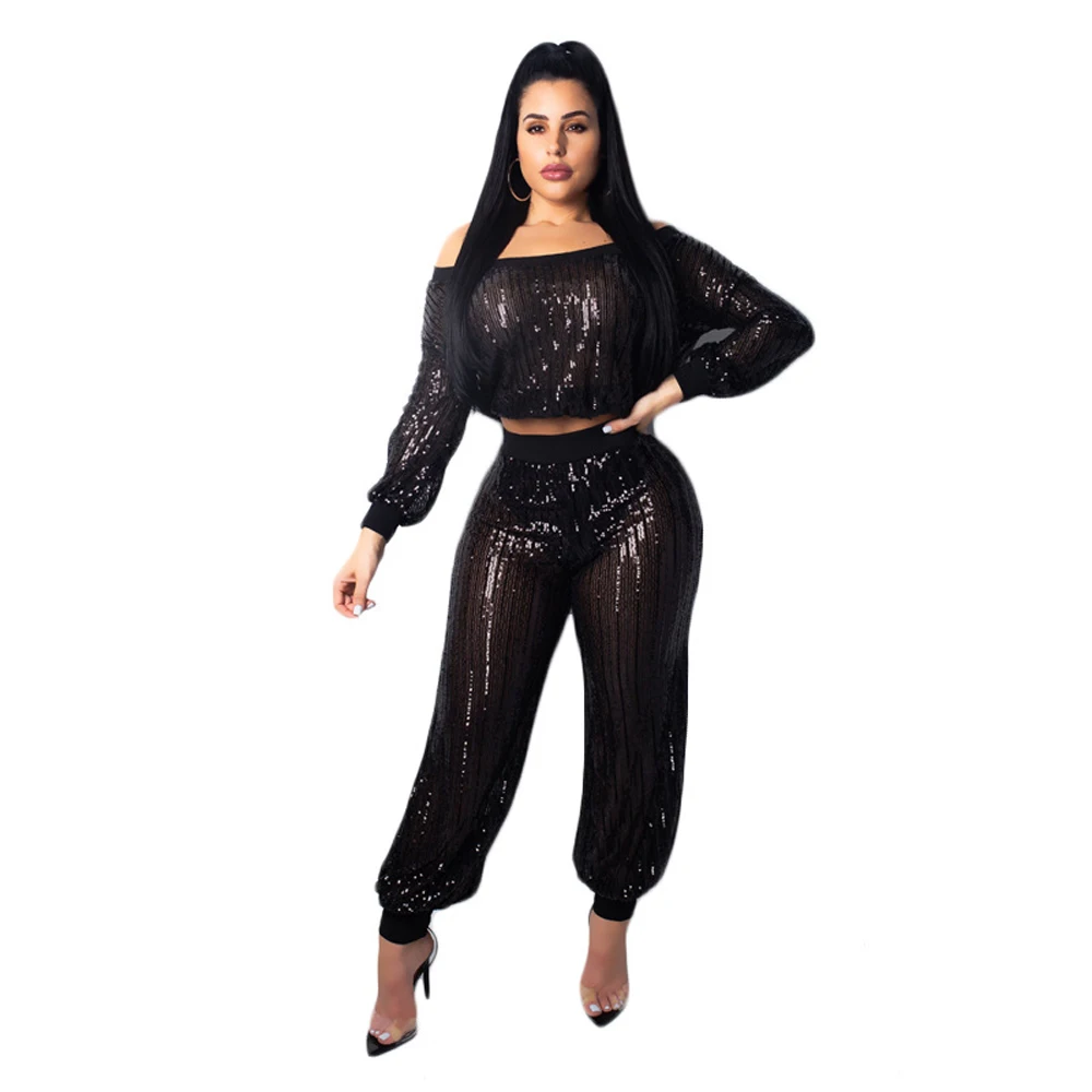 

Sexy Sequined Lantern Sleeves Black Two-piece Suit Striped Perspective Jumpsuit, 1 option