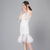 Beautiful fairy air fluttering pure white bead flower dew shoulder fish tail dress