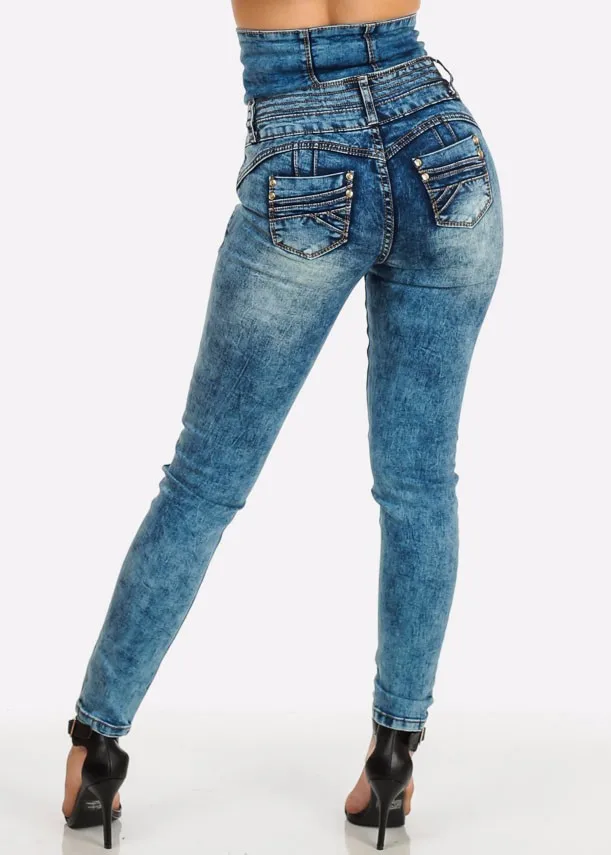 Royal Wolf Jeans Manufacturer Blue Faded Acid Wash Sexy High Waisted Butt Lift Skinny Wholesale