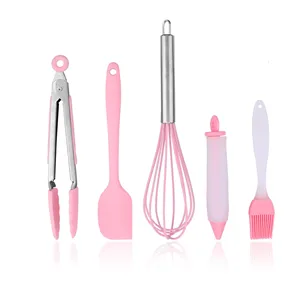 Image of China Supplier Pink Silicone Baking 5 Piece Set Stainless Steel Egg Beater Brush Food Tongs Cake Decorating Tool
