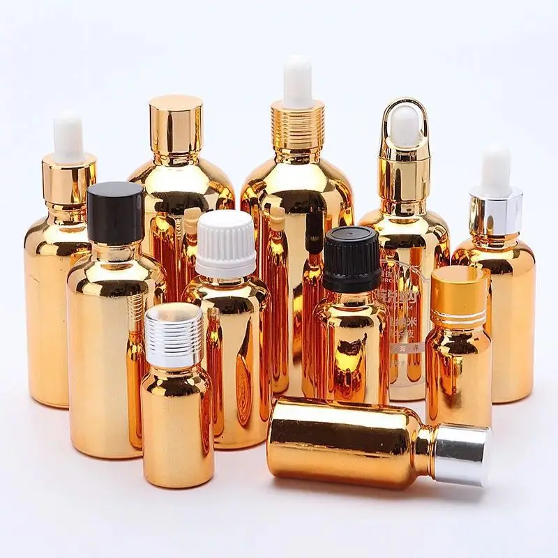 Wholesale electroplated glass dropper bottle 10ml 15ml 30ml 50ml gold silver color e liquid packing perfume glass bottle