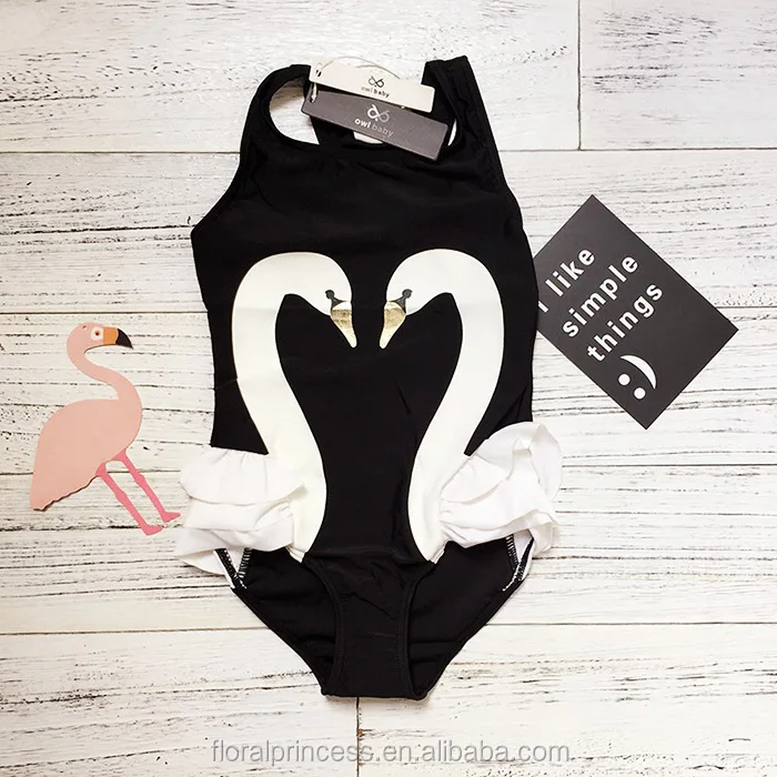 

2017 Ins News Children Summer Swimwear European Baby Girl Swan Print One-piece Swimsuit Kids Black Color Bikini, Black pink