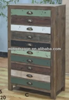 Chinese Antique Reclaimed Wood Distressed Ten Colorful Drawers