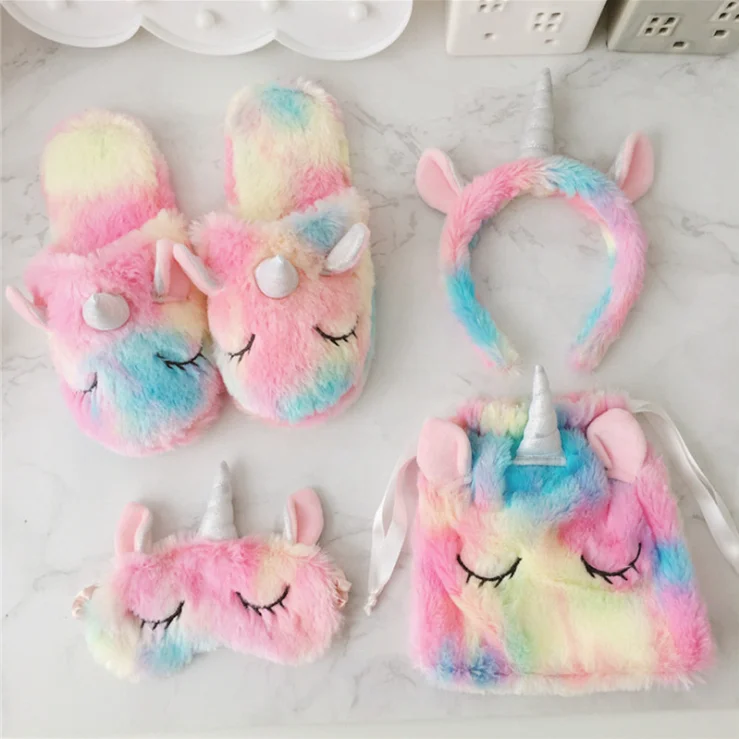 dropshipping Hot Sale Color Unicorn Plush bag eye mask headband girl soft plush unicorn slippers Can be sold separately