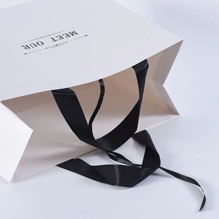 Custom Pattern Elegant Black Ribbon White Art Kraft Paper Shopping Bag