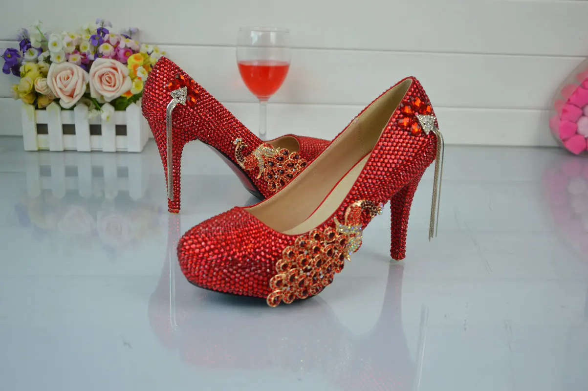 red evening shoes with rhinestones