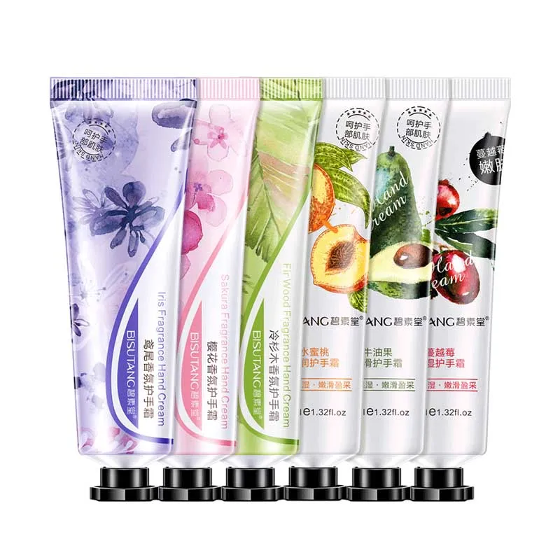 

BISUTANG hand cream private label 6 kinds fruit aroma cranberry avocado peach iris cherry fir tree organic hand cream, Any color also could be customized