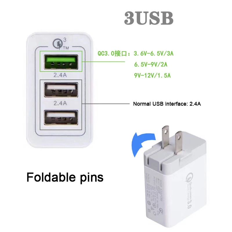 Usb Quick Charger 3 Port 30w Travel Charger Qualcomm Quick Charge 3.0 Foldable US Plug Usb Wall Charger