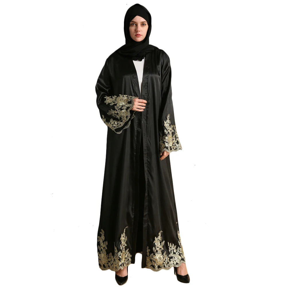 

Hot sell beautiful satin Black Abaya in Dubai Muslim Dress