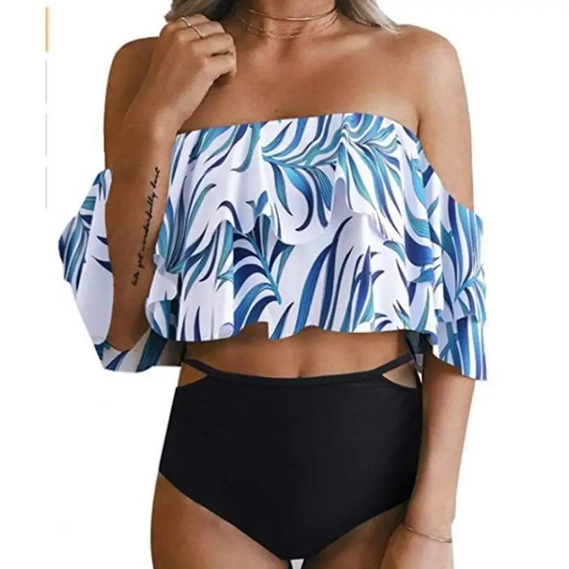 

2019 Professional Custom OEM Bathing Suits Sexy Bikini Plus Size One Word Collar Ruffles Two Piece Swimwear, Red,yellow,pink,black,floral