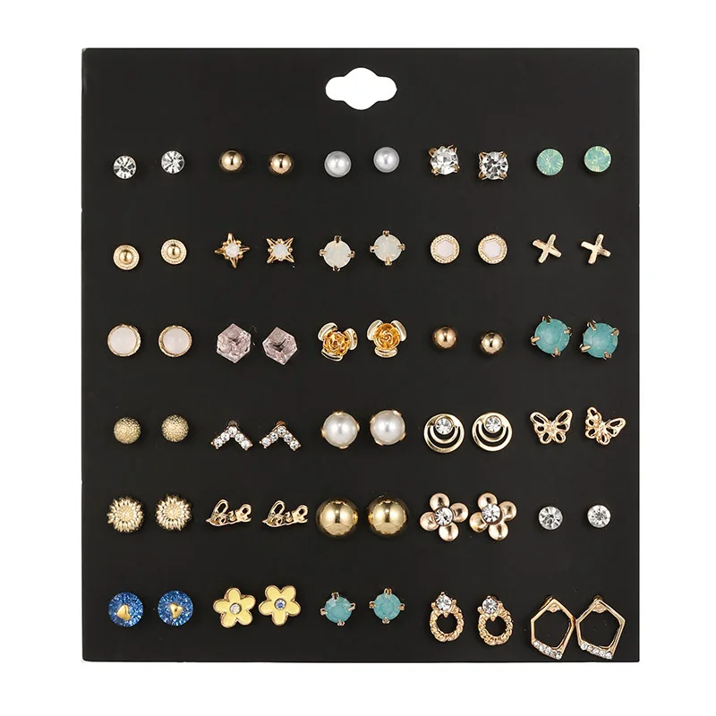 

2019 Hot 30 Pairs/Set Vintage Alloy Crystal Rhinestone Small Earrings For Women Cute Metal Resin Flower Stud Earrings Set Mixed, Picture