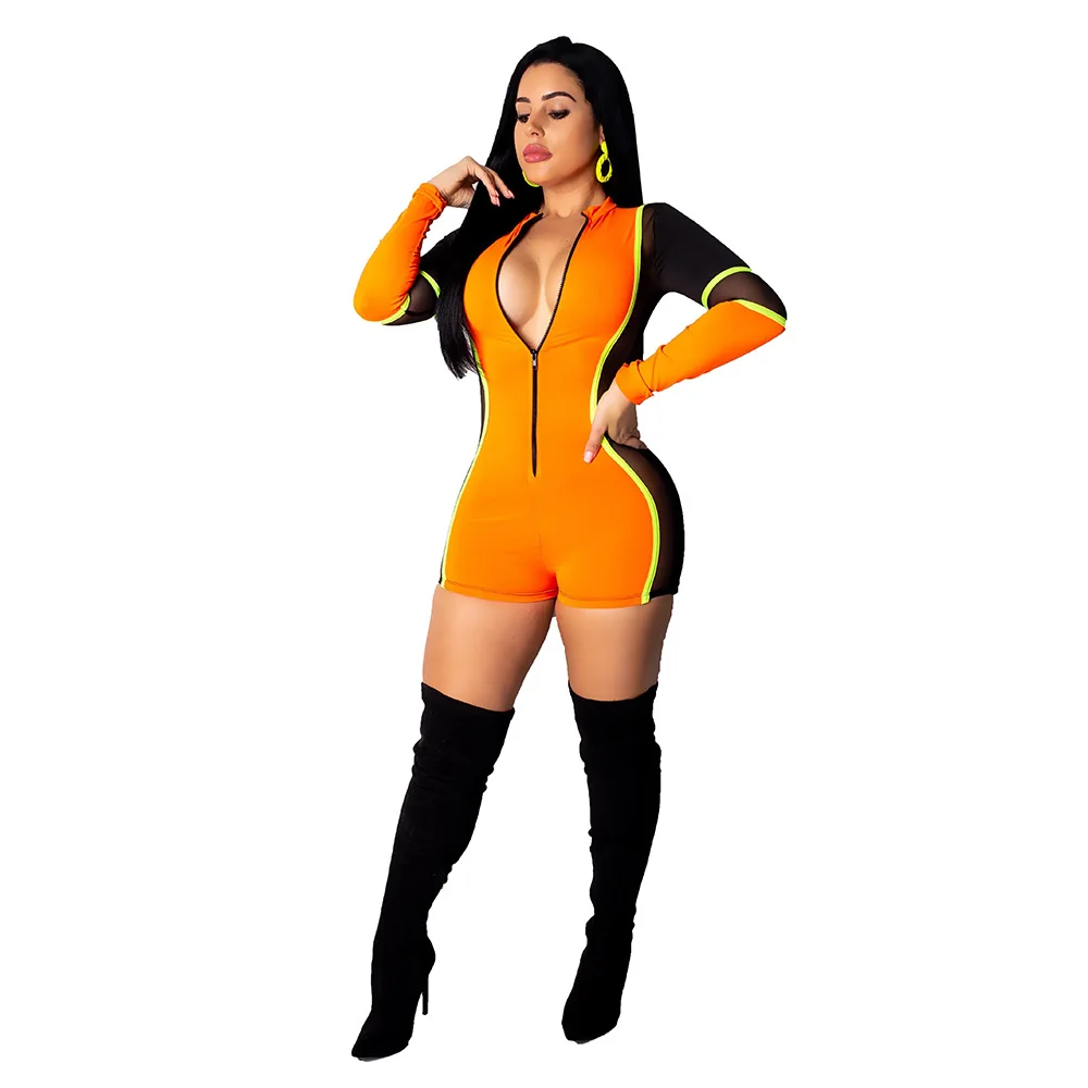 

Sexy Bodysuit Women Long Sleeve Color Jumpsuits Biker Shorts Sporting Outfit Tracksuits Ladies Sheer Mesh Playsuit Y11316