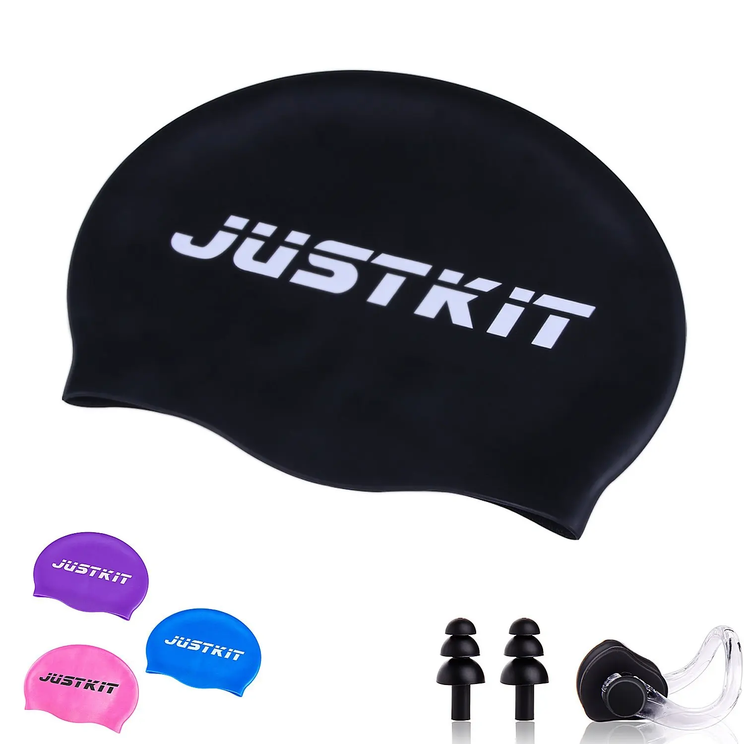 JUSTKIT Best Silicone Swim Cap-Waterproof No Slip Swimming Hat for Adults Women and Men-Swim Cap Set Includes Nose Clip And Ear Plugs-Perfect Bathing Cap for Casual Use, Competition & Training