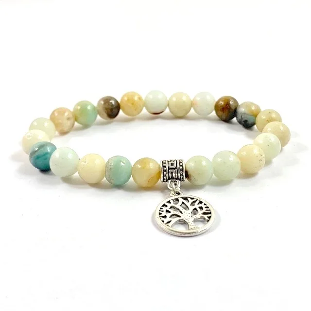 

Wholesale Gemstone 6mm Amazonite bracelet with Tree of life charm packaged in cellophane bag hot item