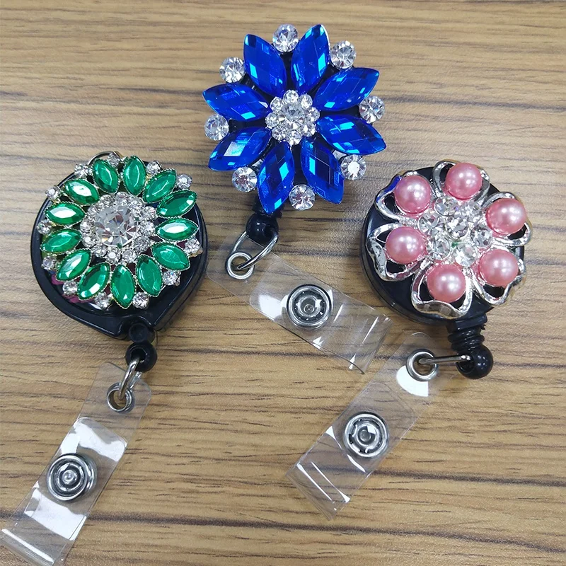 

Rhinestones Flowers Retractable Name Badge Holder reel