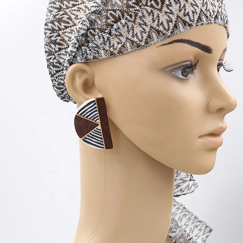 

Korean Women Custom Print Wood Geometric Stud Earrings wholesale, Brown