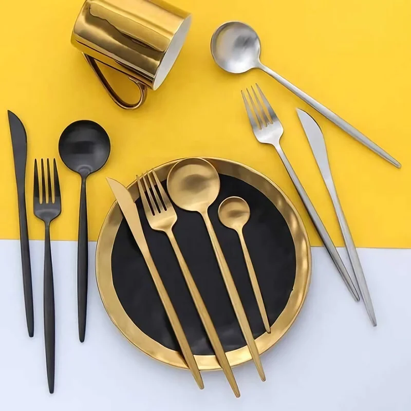 

Portugal Style 304 Stainless Steel Matte 4pcs soup spoon knife fork Gold cutlery set, White,black,silver