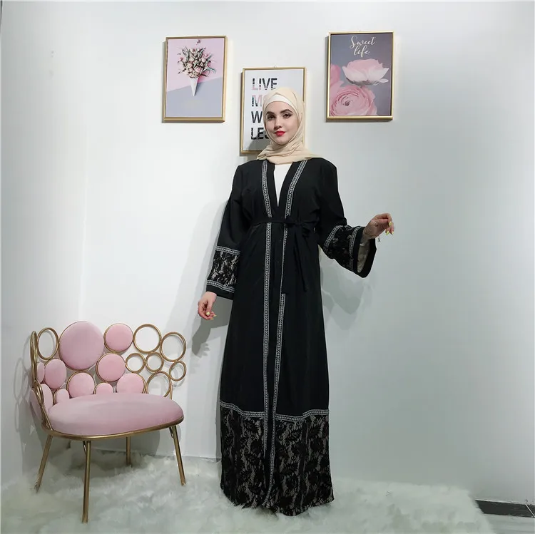 

Newest design lace and soft crepe muslim maxi open abaya with belt, Black