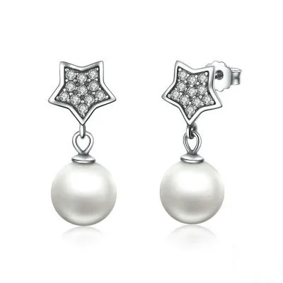 

Trendy 925 Sterling Silver Star Shape Pearl Dangle Earrings