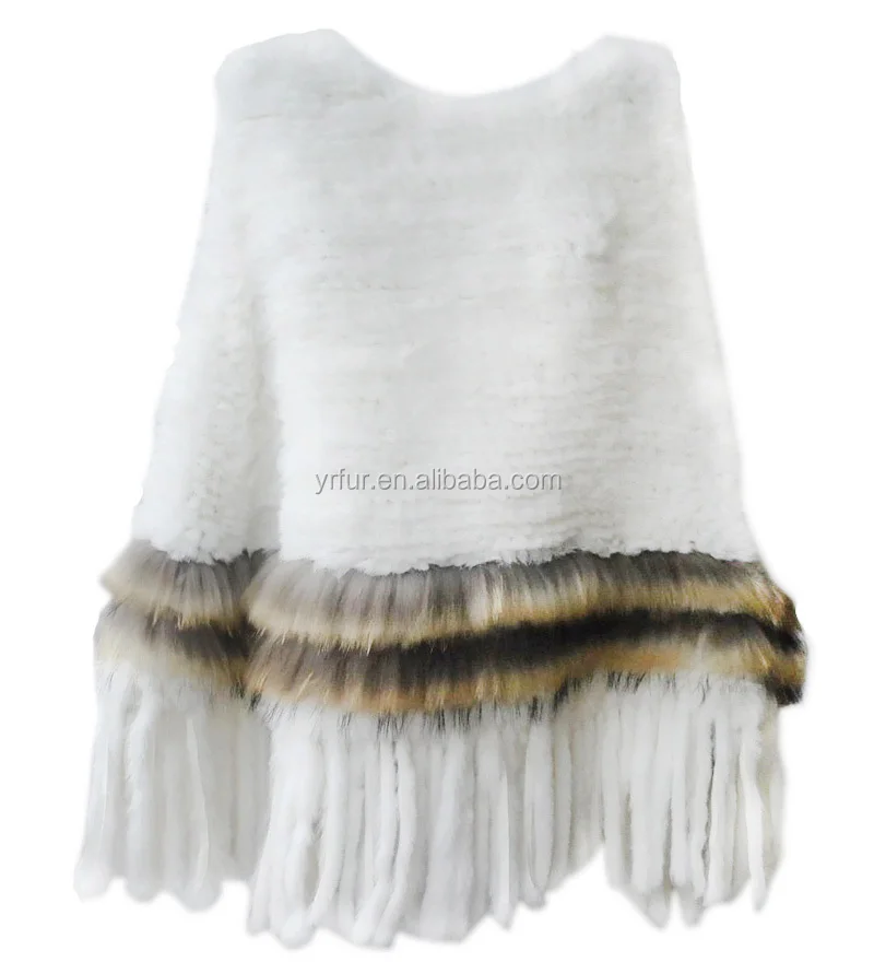 
YRFUR YR005 Hot Sale Top Quality White color genuine Sheared rabbit knit fur poncho with tassels  (60135359353)